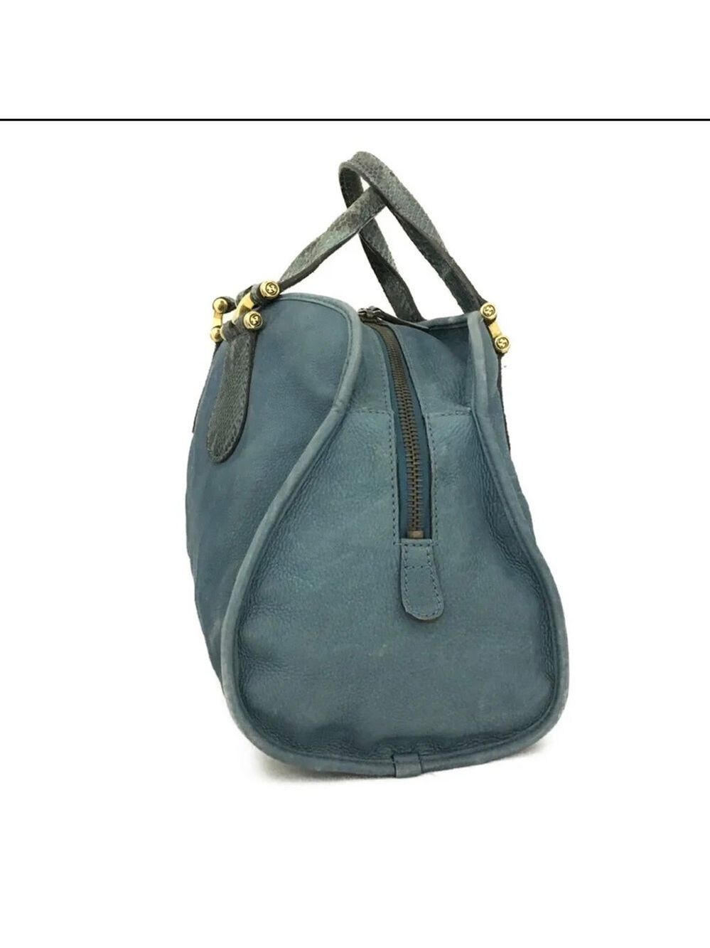 Authentic GUCCI Blue/Green Nubuck Leather Tote Satchel Bag - Picture 3 of 11